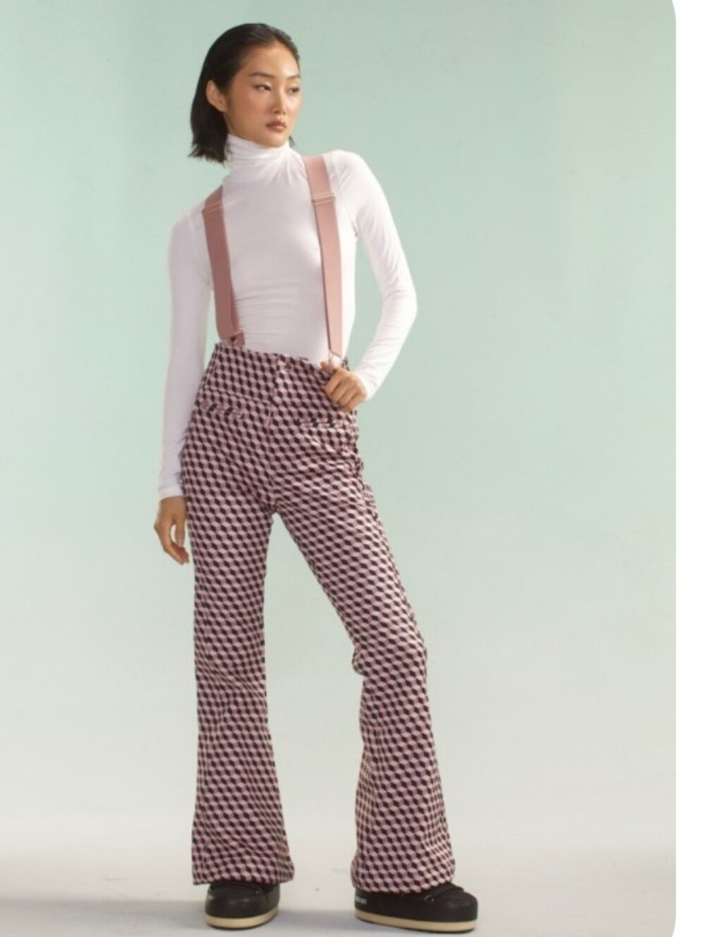 Cynthia Rowley Pink Geometric Flare Pants with Suspenders